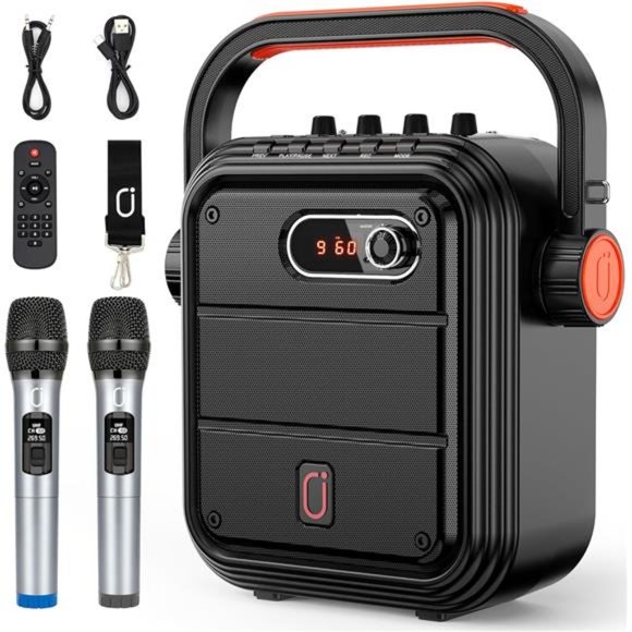 Karaoke Machine with 2 UHF Wireless Microphones, Portable Bluetooth PA System - Picture 1 of 6